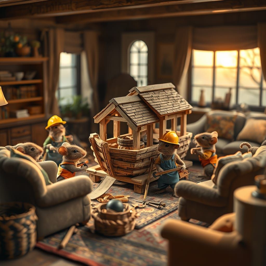 Mice Build Whimsical Wooden Ark in Cozy Living Room