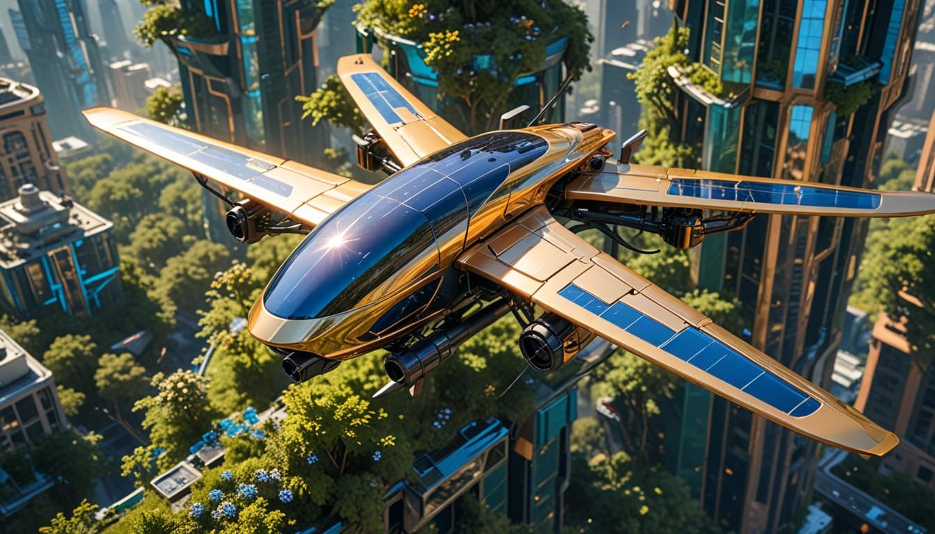 Sleek Solar Drone Soars Over Eco-Friendly Metropolis in Cybe...