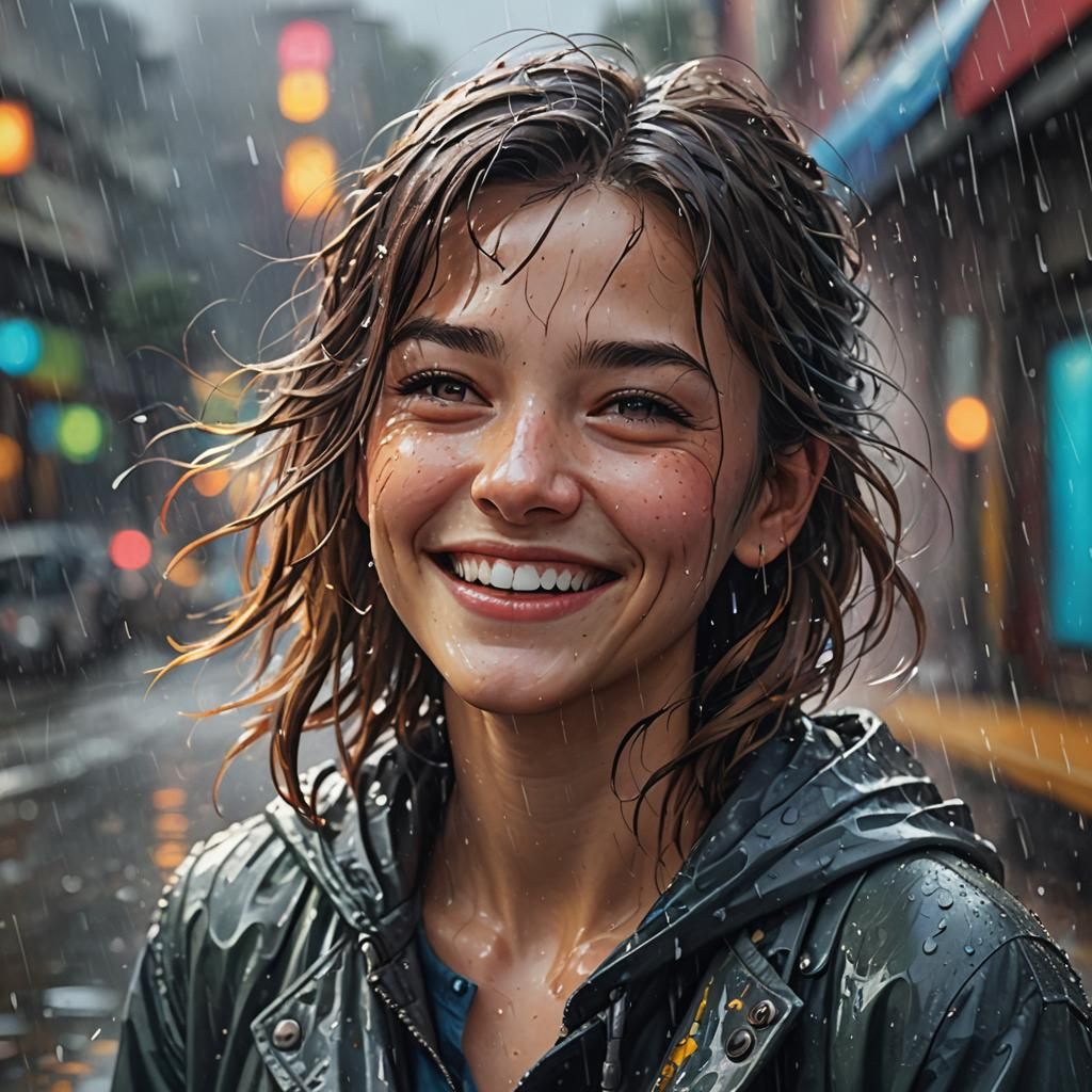 Hyperrealistic Shy Smile in Windy Rain