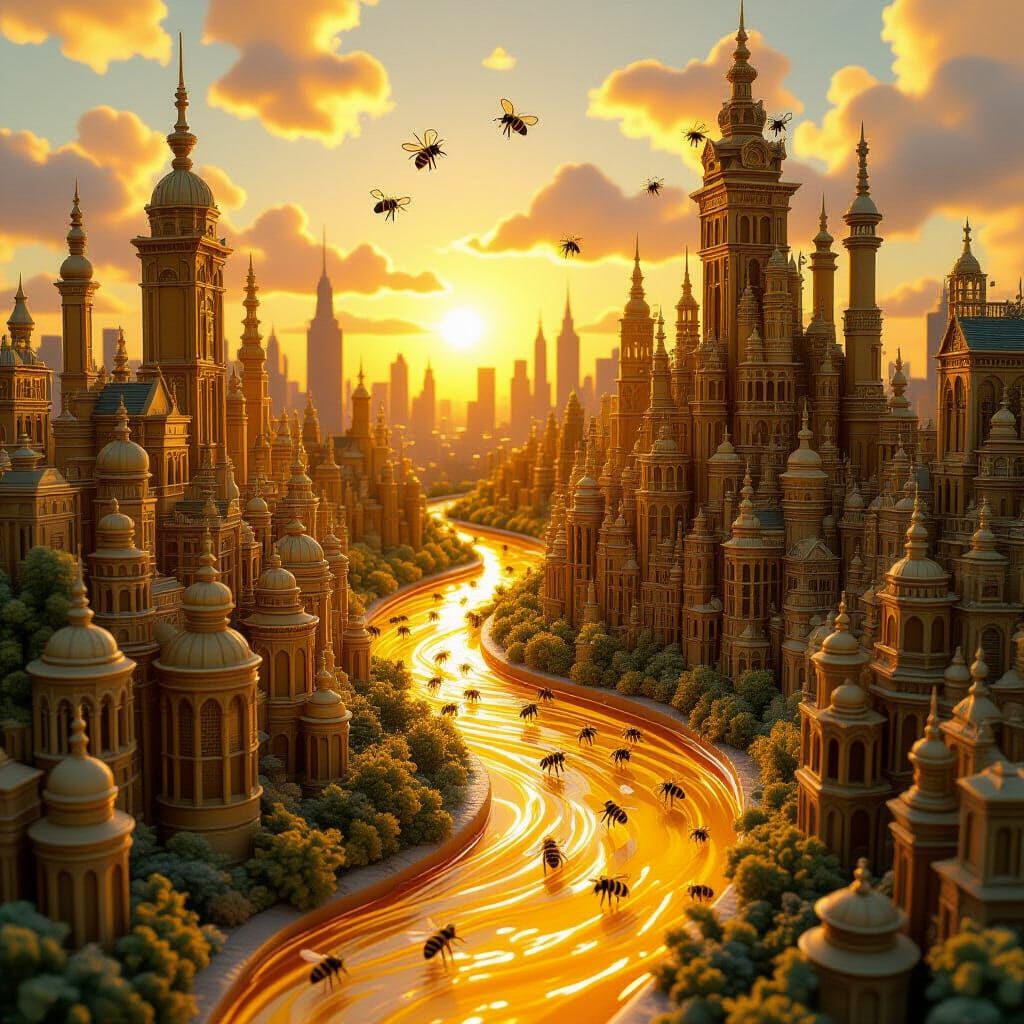 Bees Construct a Honey Metropolis: Miyazaki Style