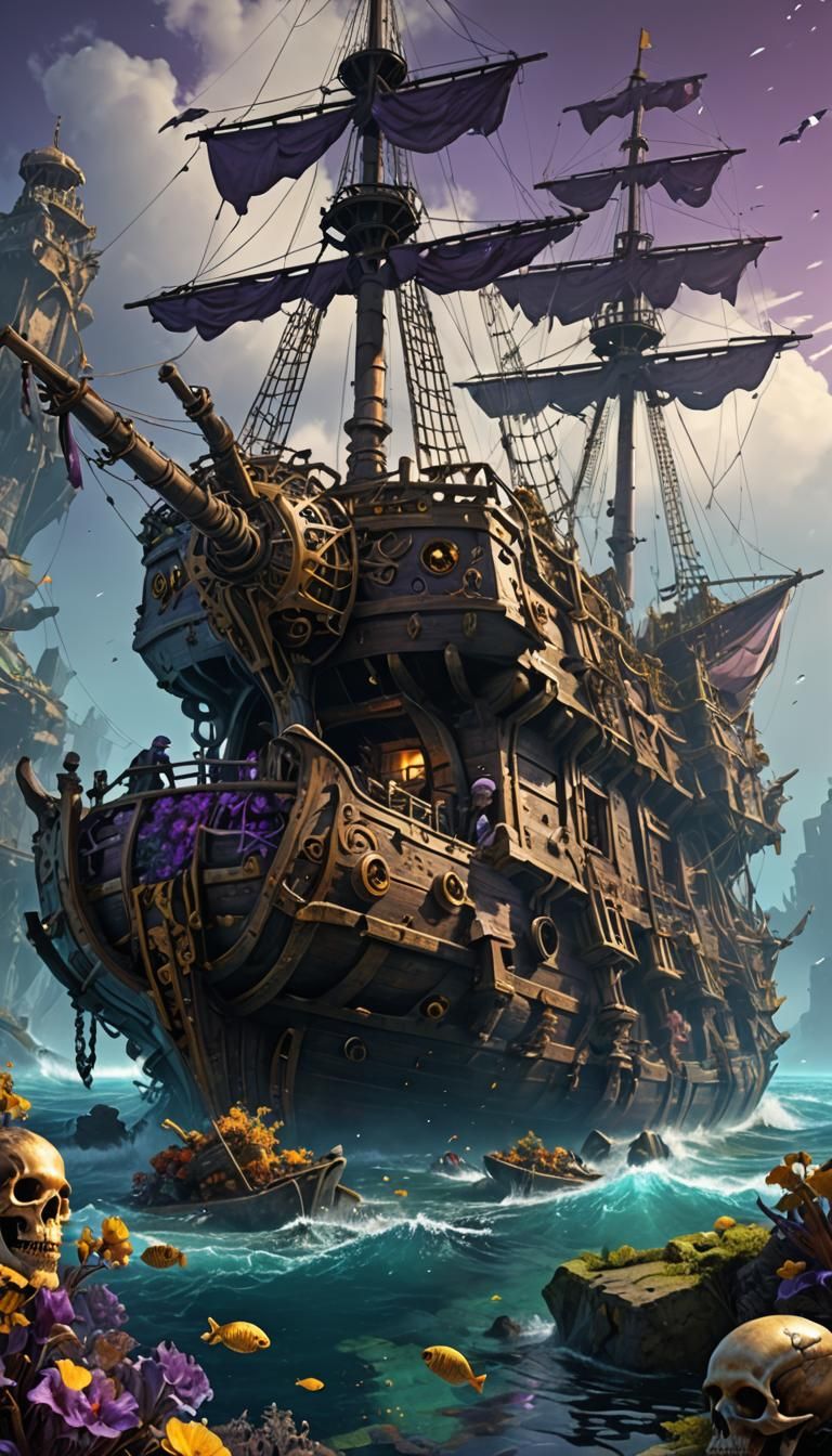 Underwater Wrecked Galleon with Skeletons in Dark Fantasy St...
