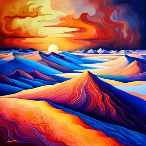 Desert Sunset Storybook Scene in Abstract Art Style