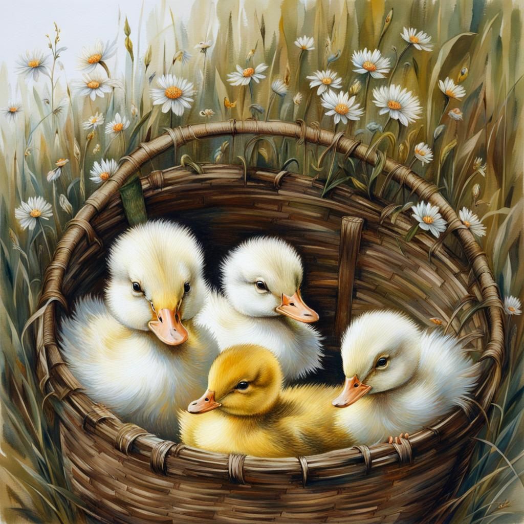 Ducklings in Basket: Detailed Illustration