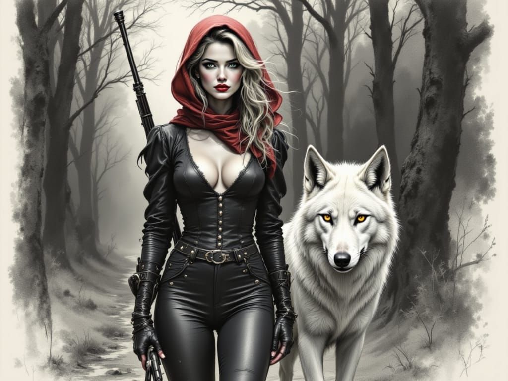 Woman with Wolf in Misty Forest, Charcoal Sketch