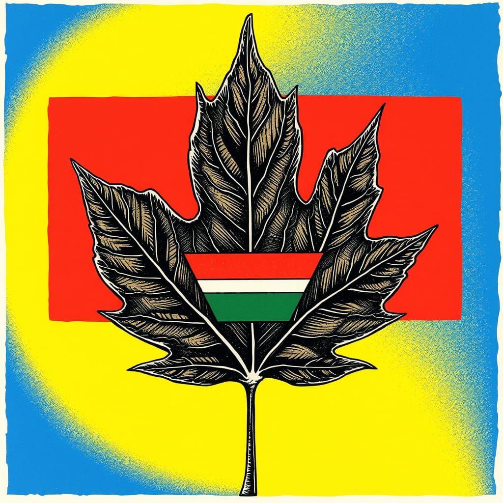 Woodcut Masterpiece: Majestic Maple Leaf in Royal Blue and Y...