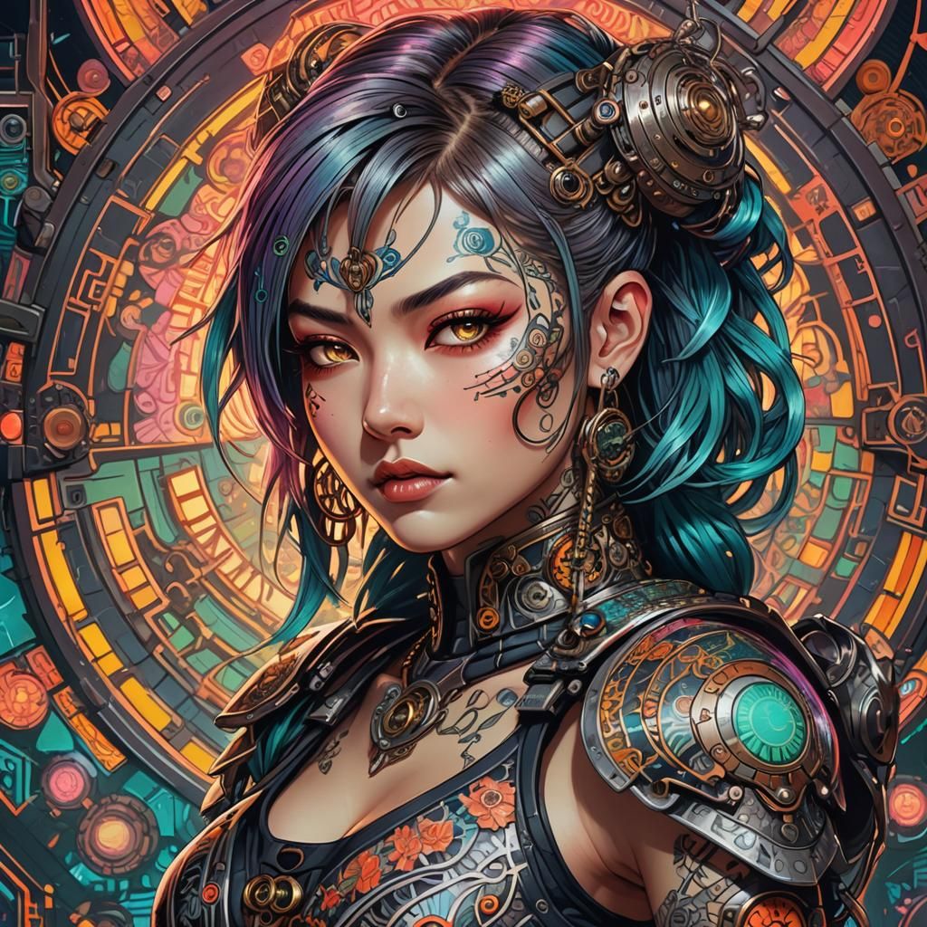 Cyberpunk Samurai Woman in Neon Art Nouveau Style