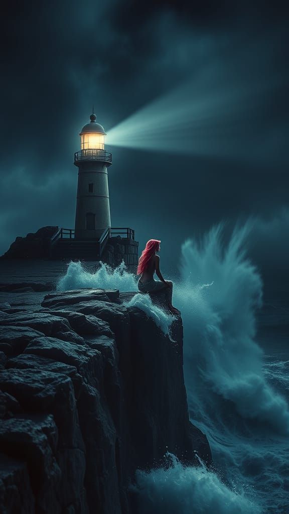 Pink-Haired Mermaid Under Stormy Lighthouse Beam