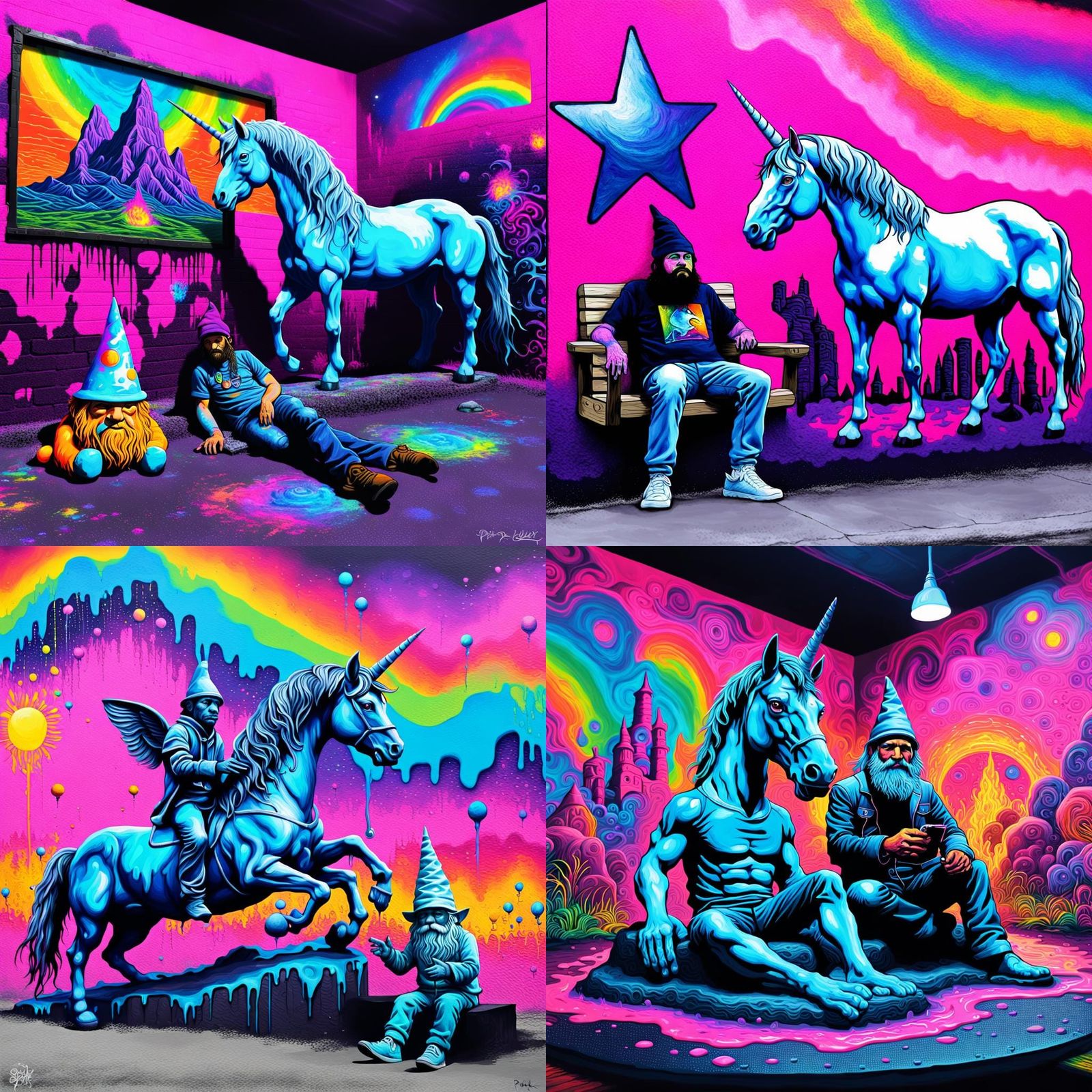Blacklight unicorn and a gnome chilling 1976
pink floyd inspired background
trippy
DND
led zepplin graffiti art, splash ...