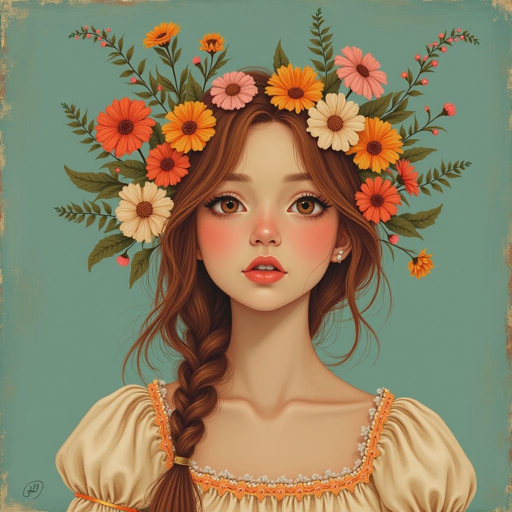 Girl with Flowers and Love in Her Eyes
