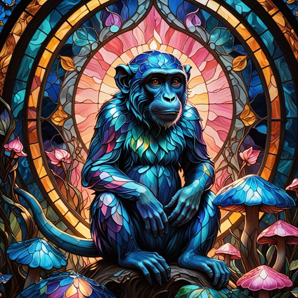 Iridescent Fabric Monkey on Glowing Mushroom in Surreal Styl...