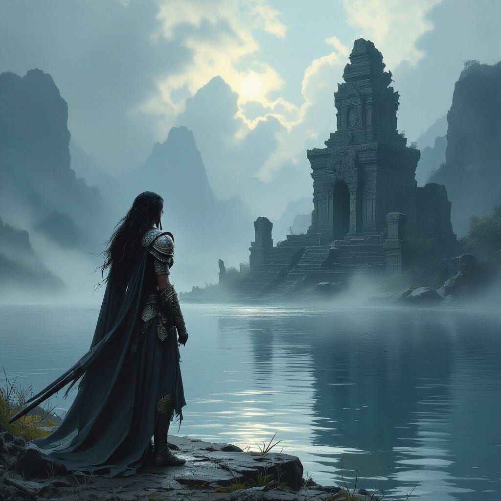 Warrior Woman at Misty Lake with Ancient Temple