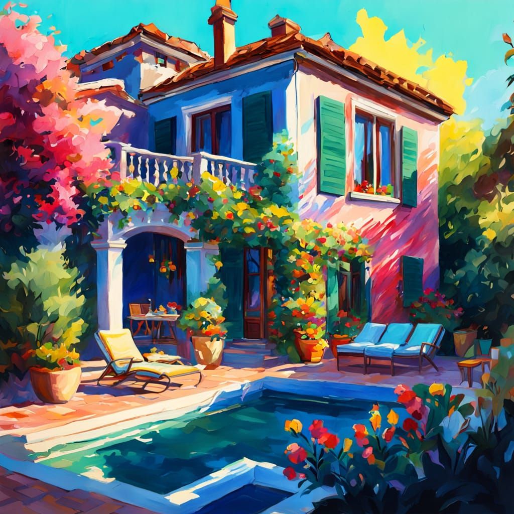 Impressionist House with Pool in Gouache Style