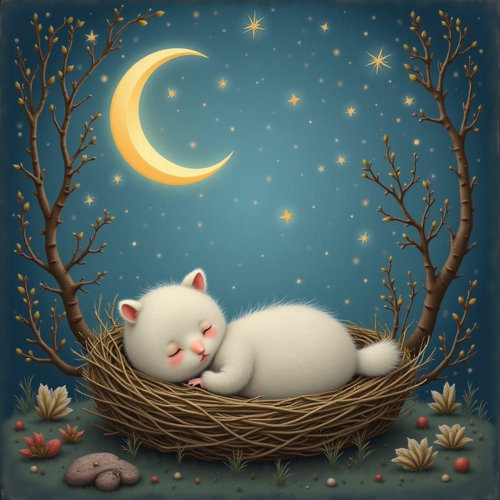 Fluffy Bird Sleeps in Nest Under Moonlit Starry Sky