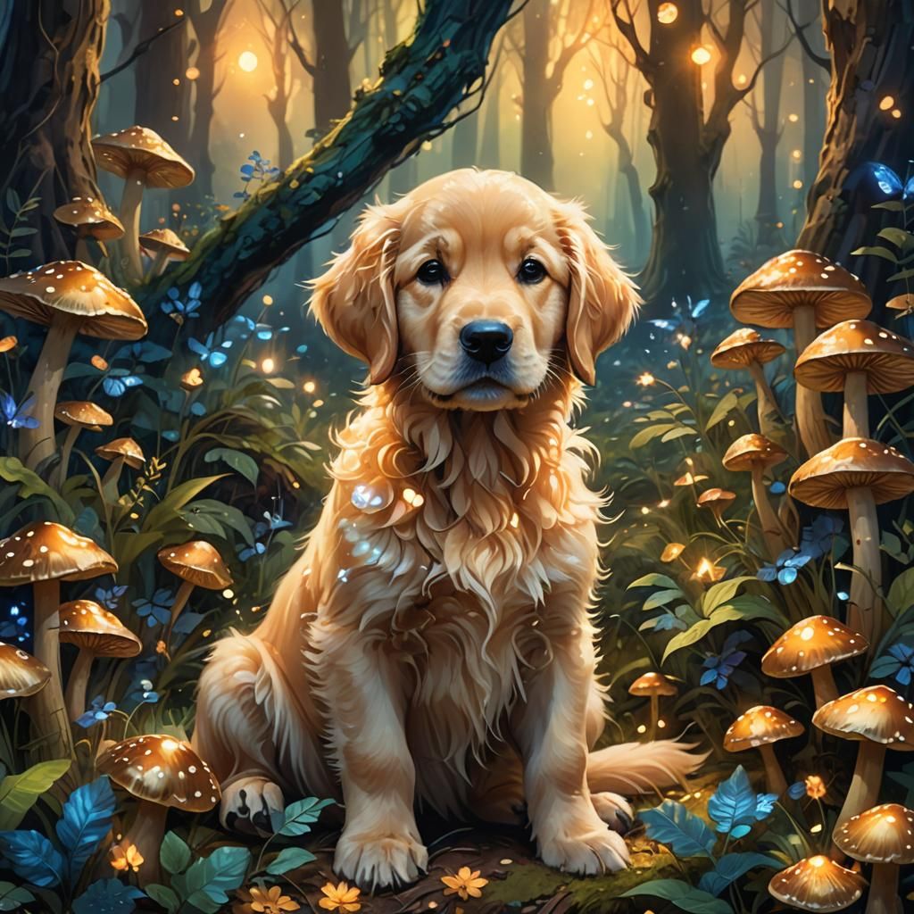 Golden Retriever Puppy in Magical Forest