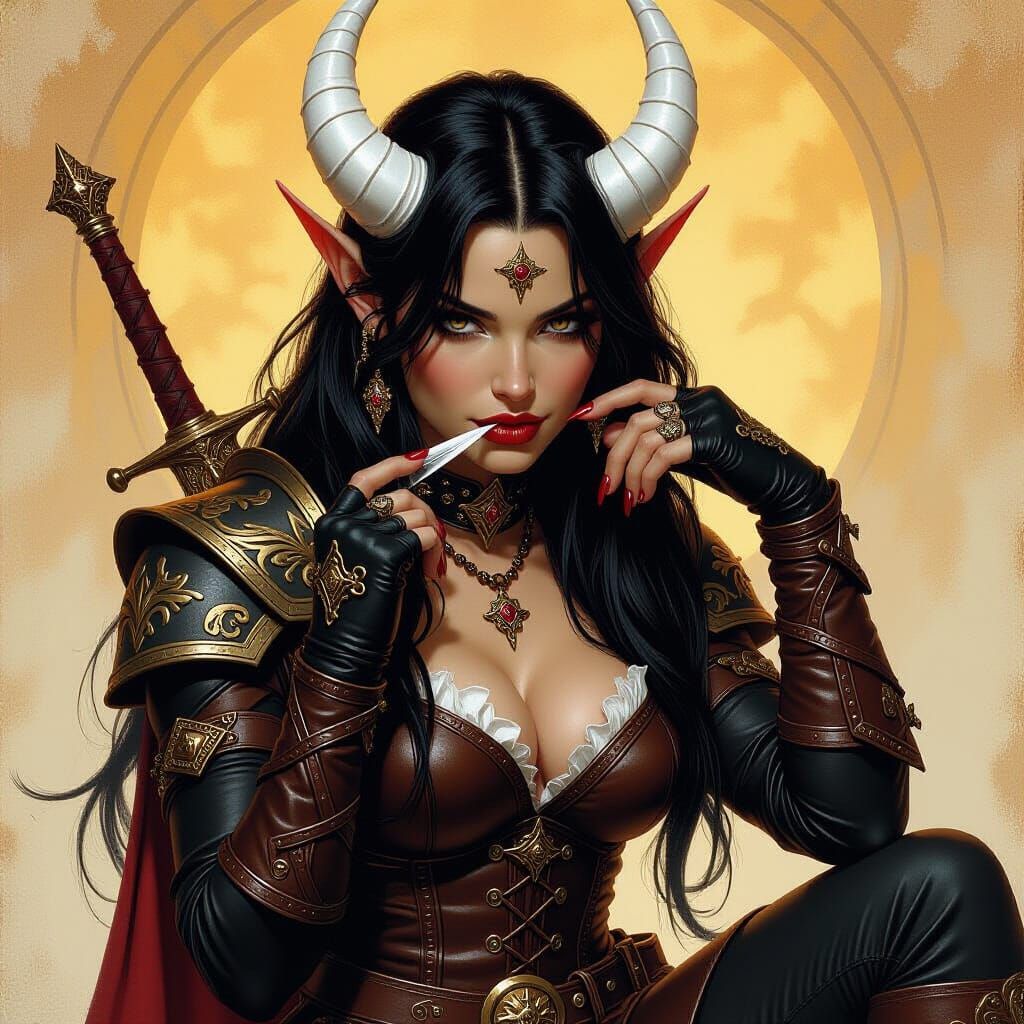 Tiefling Female with Dagger in Oil Painting Style