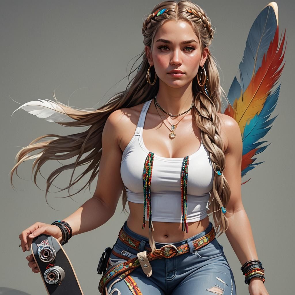 Curvy Woman on Skateboard: Hyperdetailed Portrait