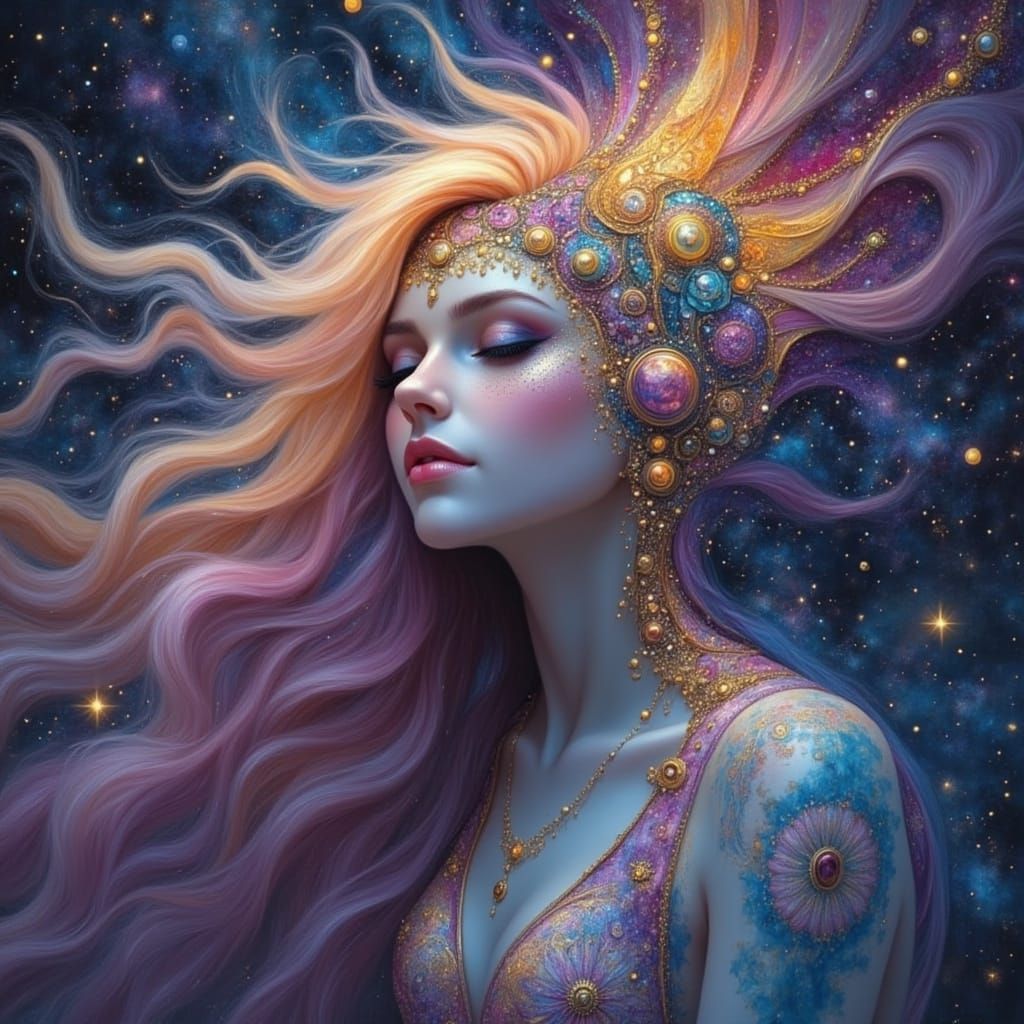 Celestial Goddess in Art Deco Style with Fractal Patterns