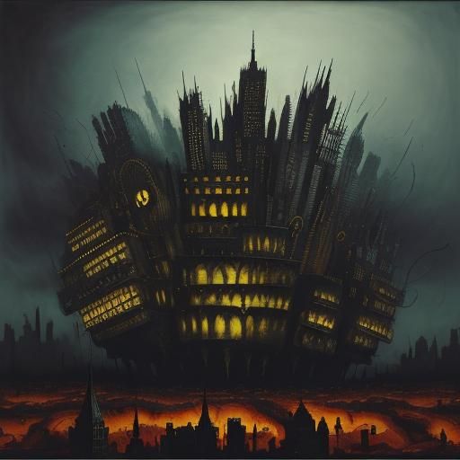 Surreal Urban Nightmare in Oil Painting Style