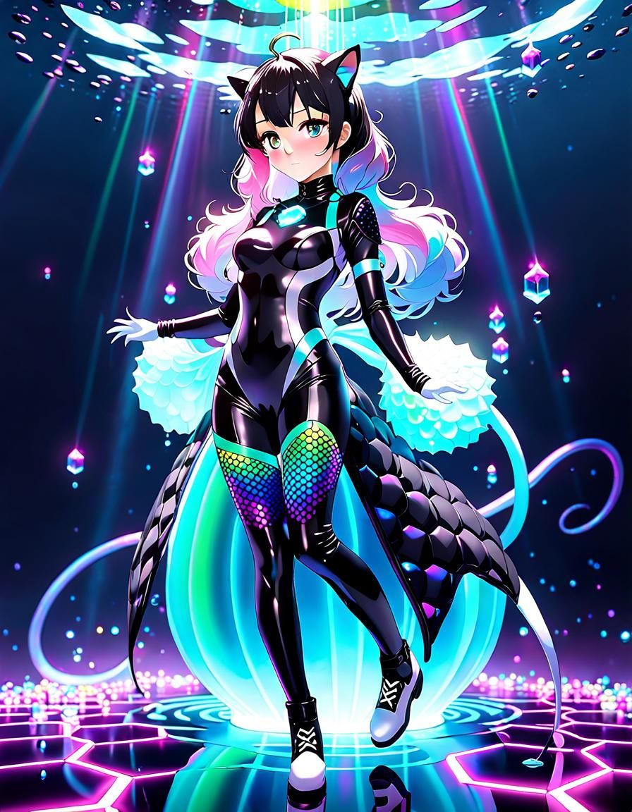 Iridescent Honeycomb Catsuit with Flowing Dress in Anime Sty...