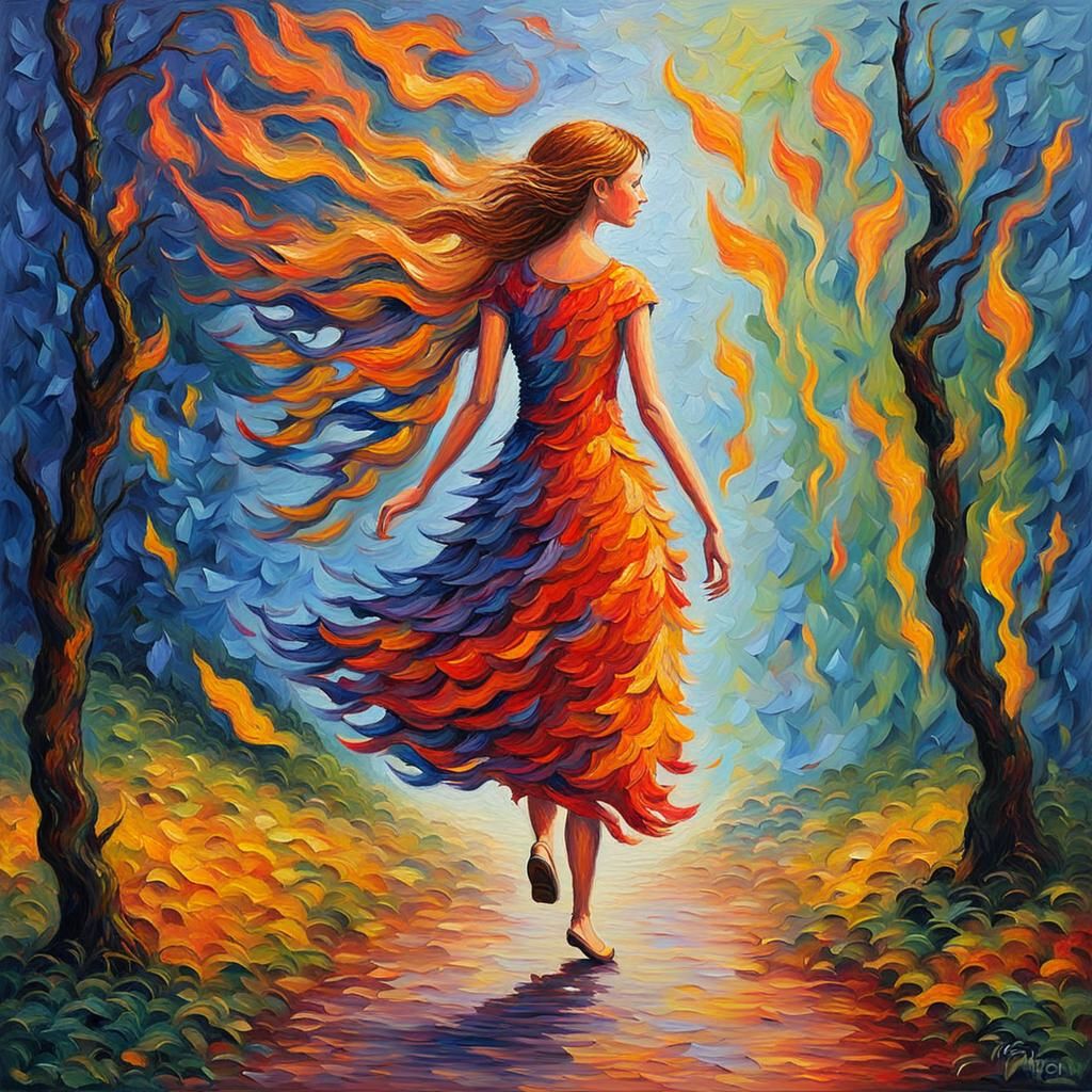 Flaming Fairy in Neo-Impressionist Style