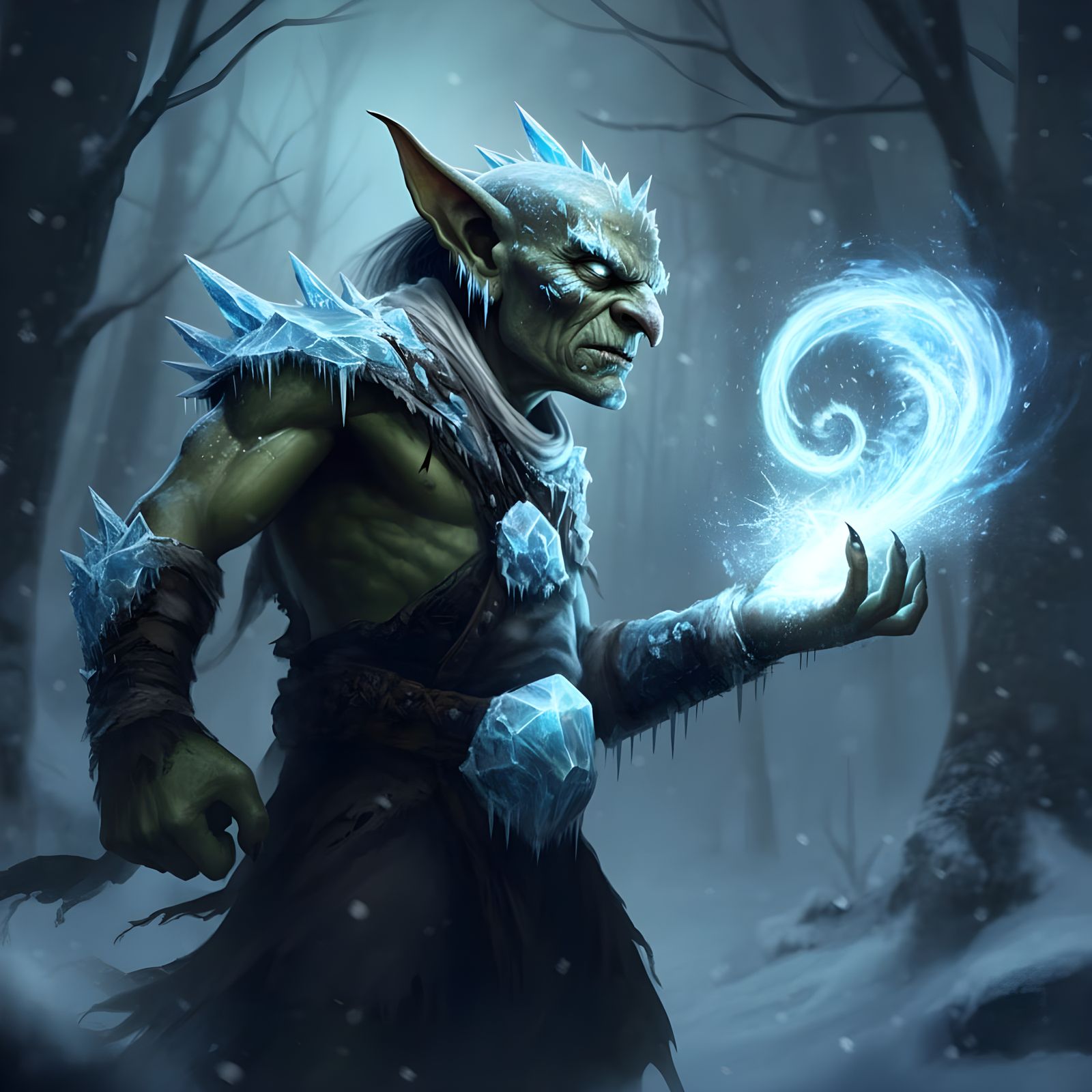 Icy Goblin Shaman Casting Spell in Dark Fantasy Style
