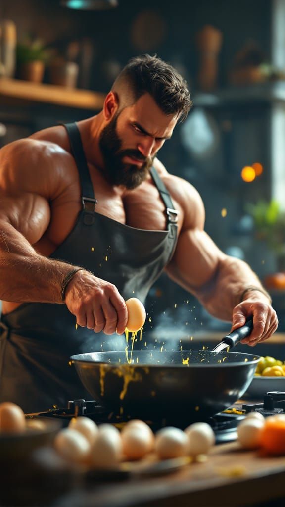 Bodybuilder Farmer Makes Omelet in Realistic Kitchen