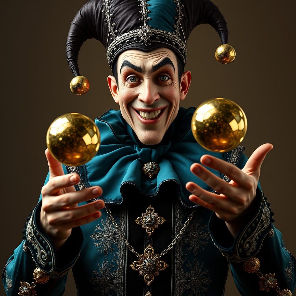 Regal Court Jester in Vibrant Teal and Black Attire, Masterf...