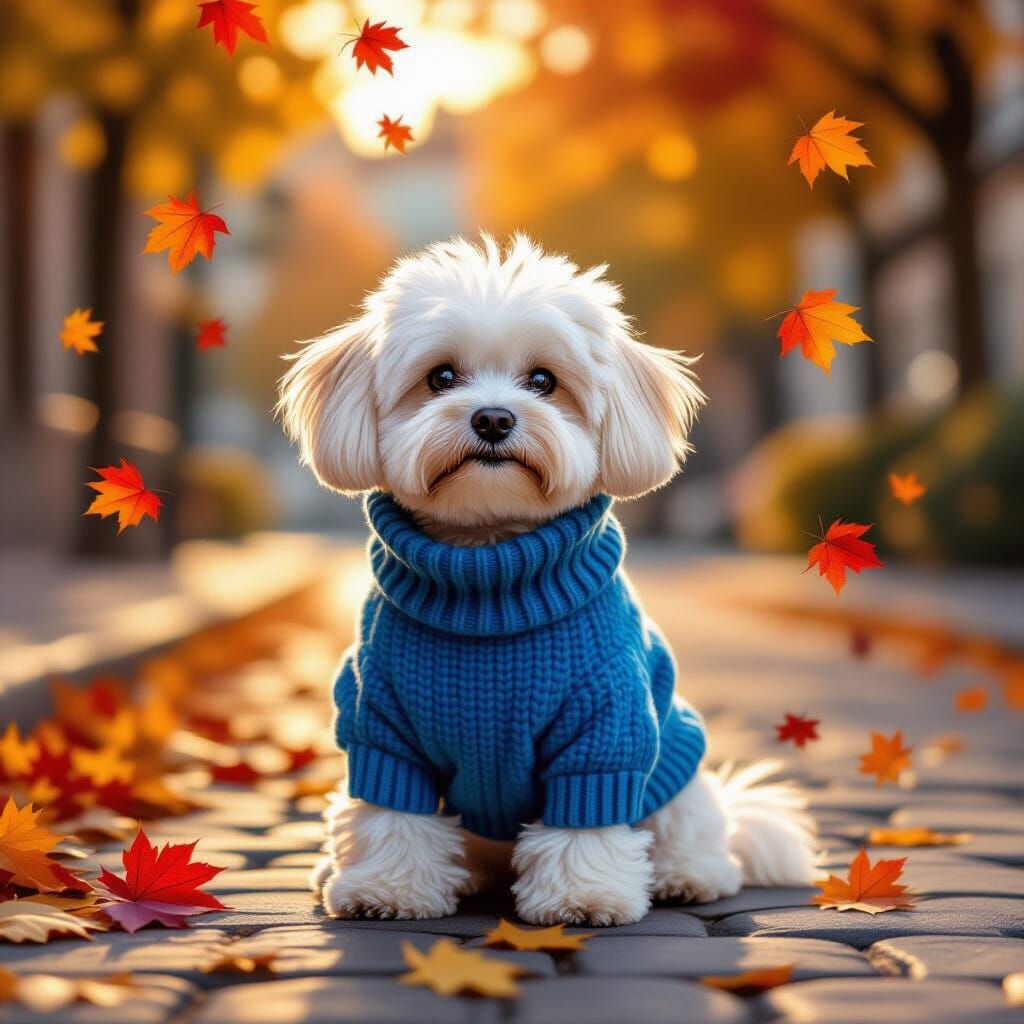 Cute Maltese Dog in Blue Sweater Amidst Autumn Leaves