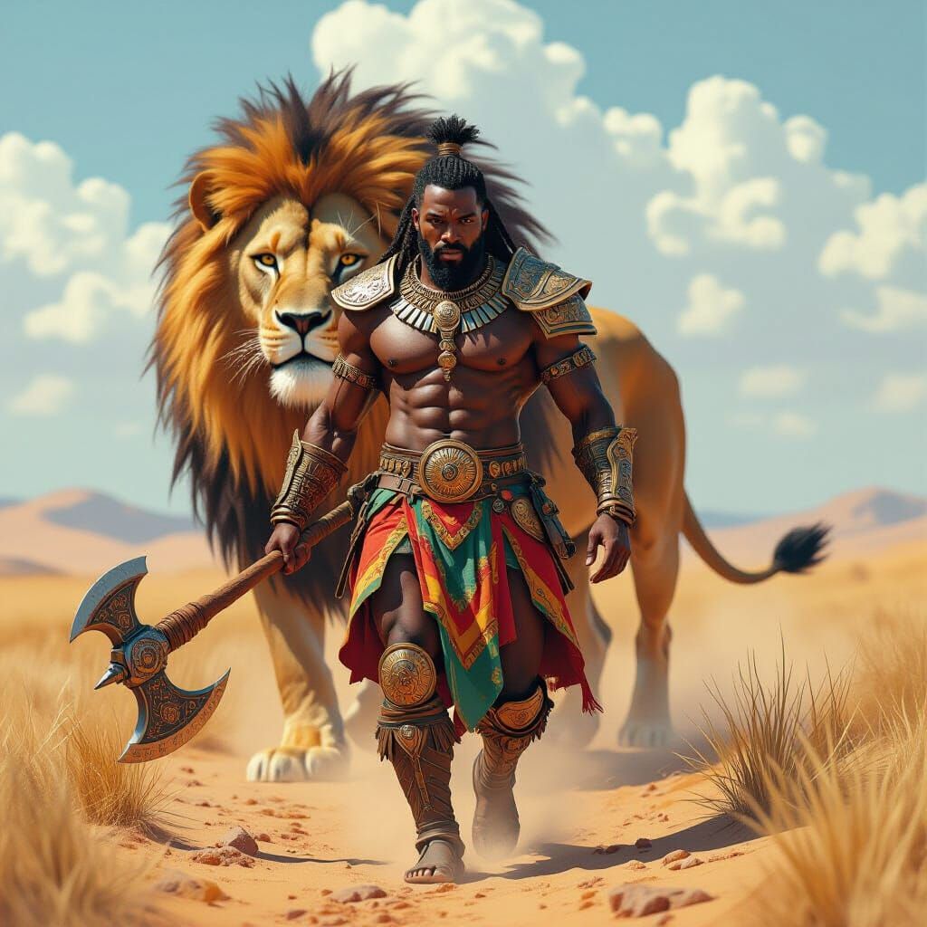 African Beastman Striding Across Savannah