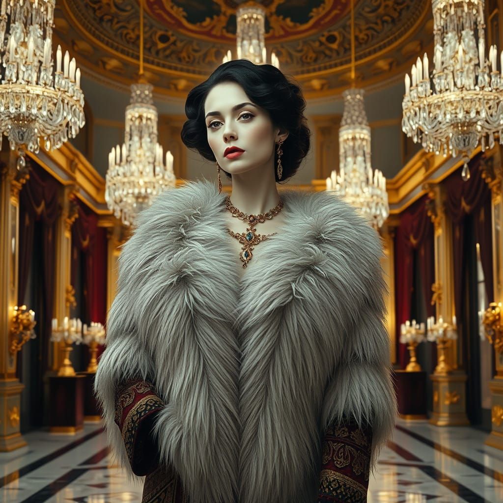 Golden Hour Luxury: Elegant Woman in Opulent Ballroom