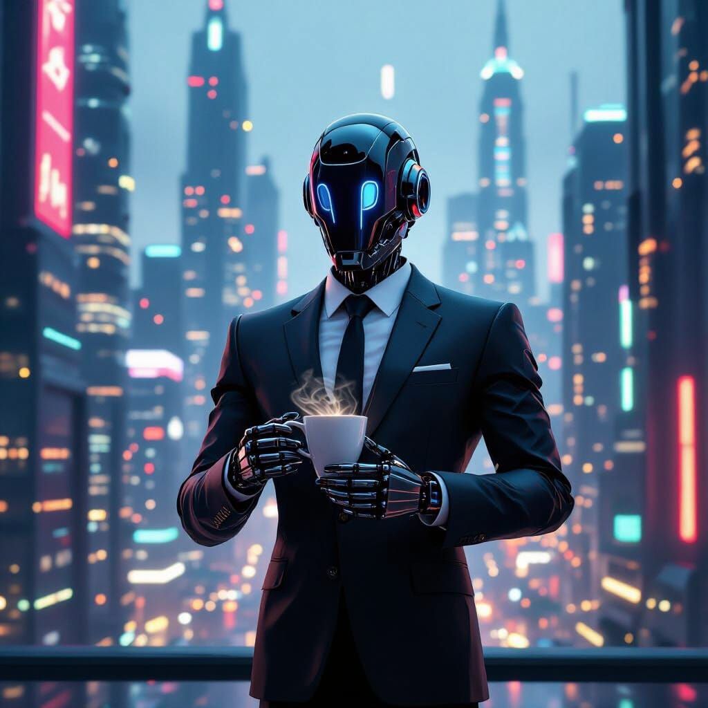 Robot Enjoys Coffee in Futuristic City Business District
