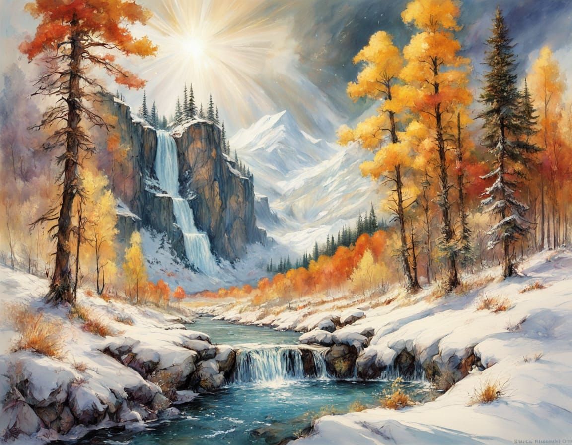 Autumn Waterfall Amidst First Snowfall in Oil Painting Style