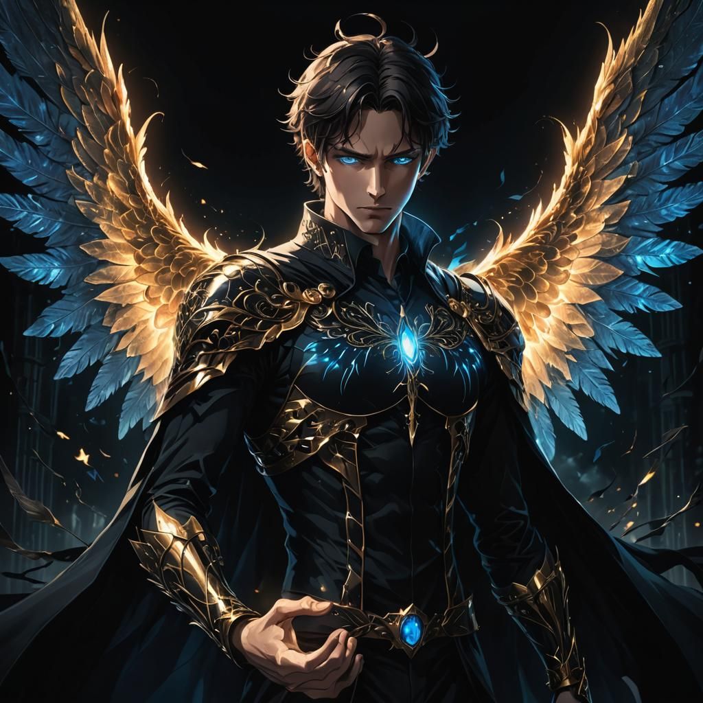Mysterious Man with Glowing Wings in Anime Style