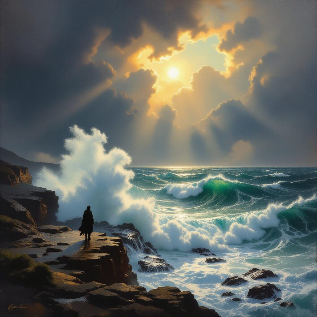 Lone Figure on Stormy Cliff Overlooking Turbulent Sea