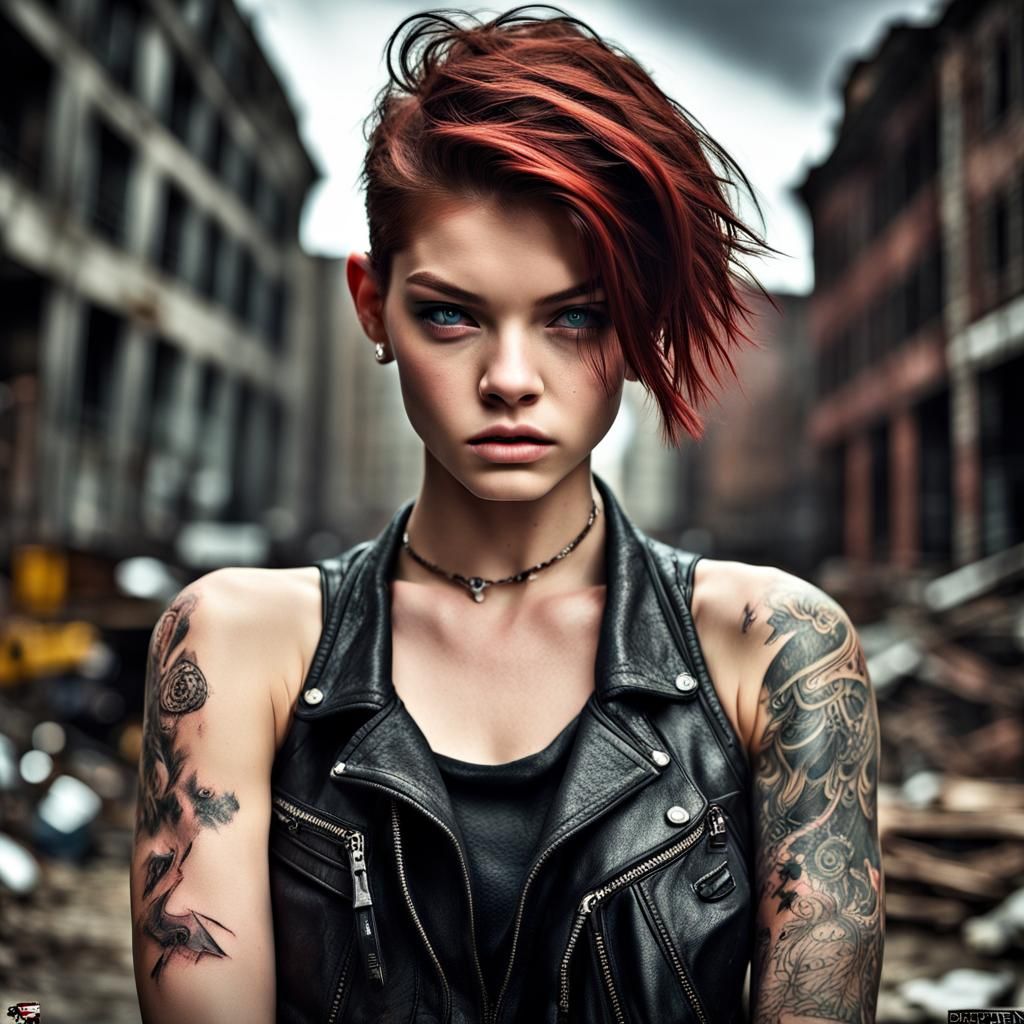 Hyperrealistic Punk Woman with Tattoos and Red Hair