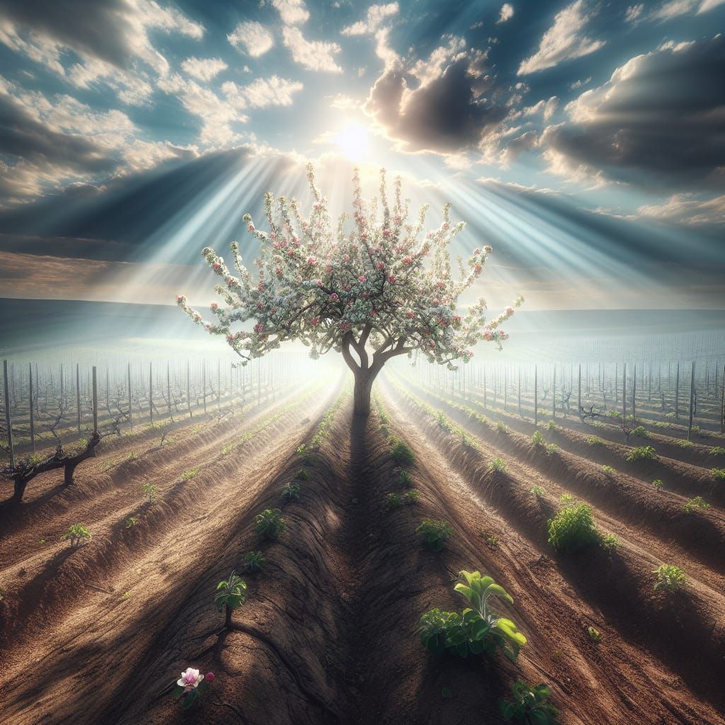 Solitary Apple Tree Thriving in Barren Orchard