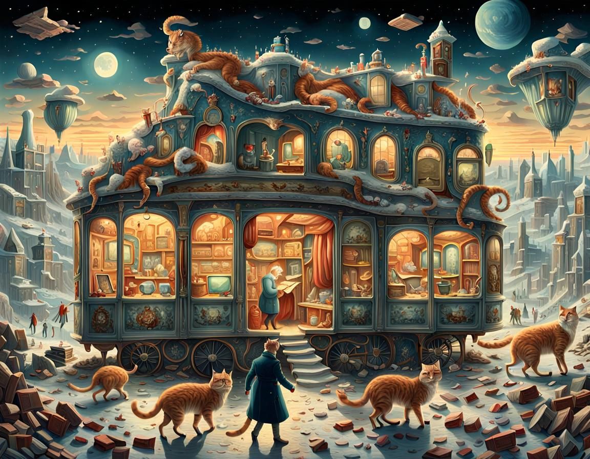 Surreal Cat Cityscape: Anatomical Louis XIV Dream