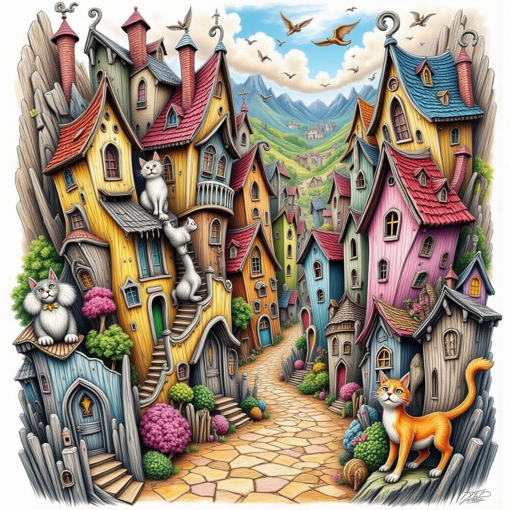 Quirky Wonky Street Scene in Folk Art Whimsy