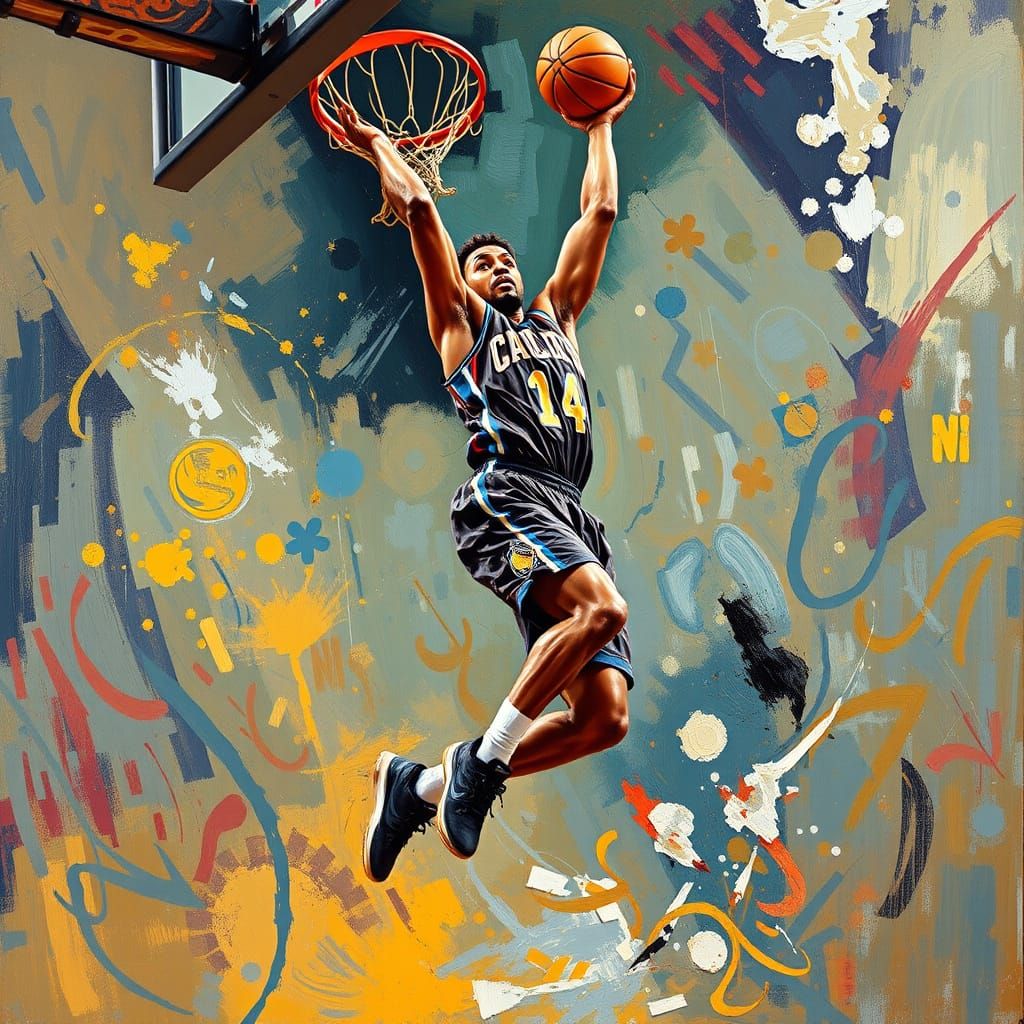 Basketball Player Slam Dunk: Impasto Painting in Vivid Color...