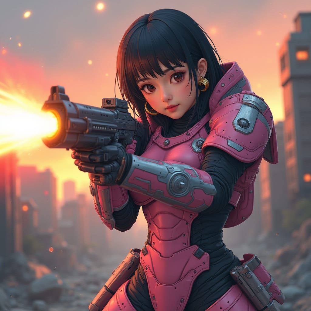 Korean Author in Battle Armor Fires Laser Gun at Sunset