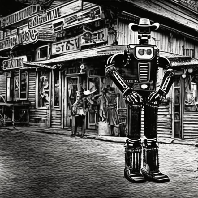 Robot Cowboy in Steampunk Saloon: Vintage Photo