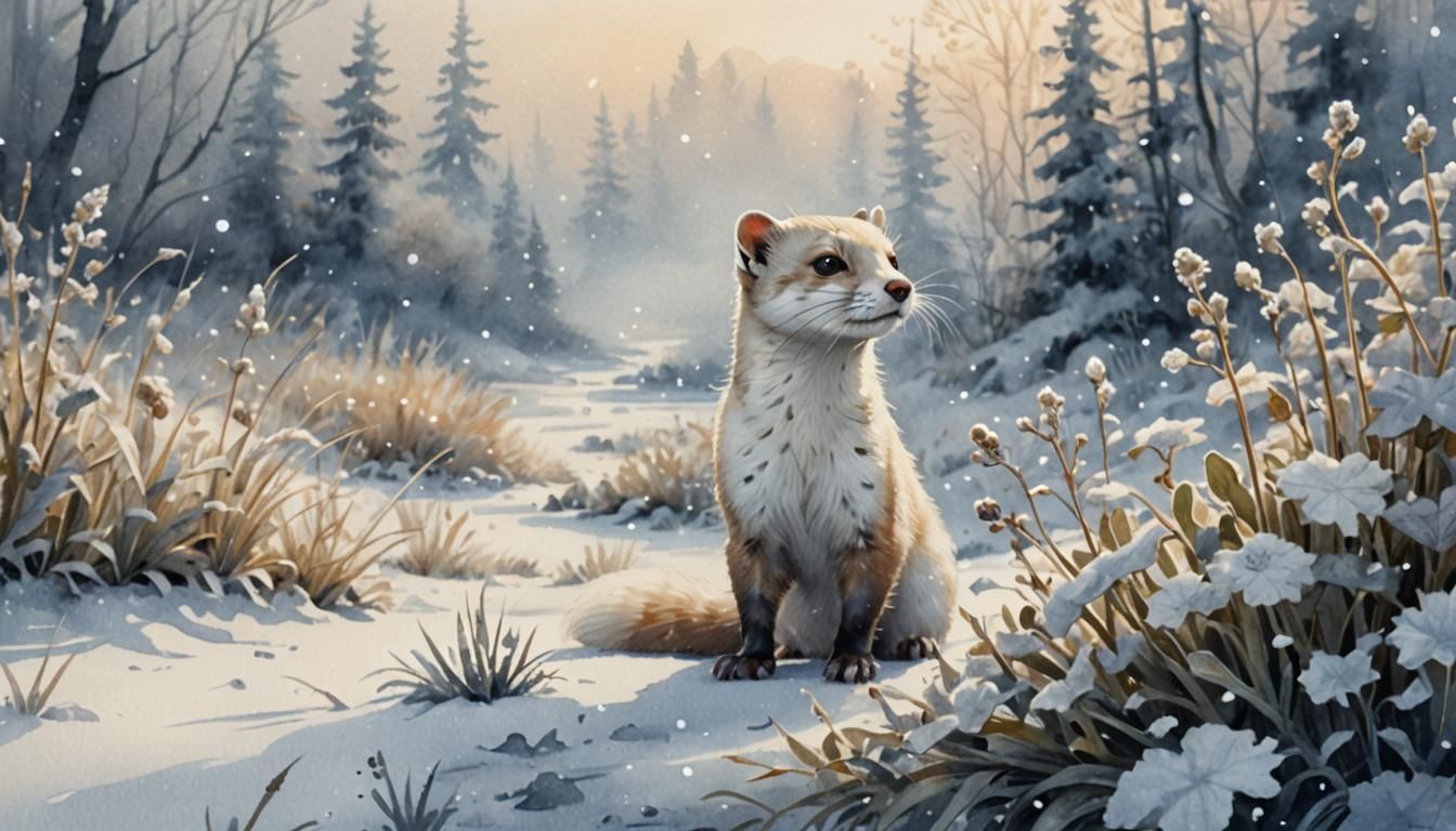 Weasel in Winter Landscape: Watercolor Animal Portrait