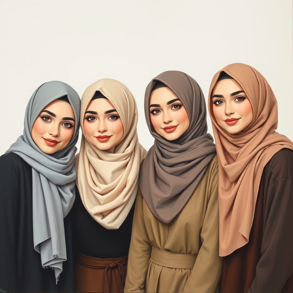 Four Friends in Hijab, Minimalist Painting Style