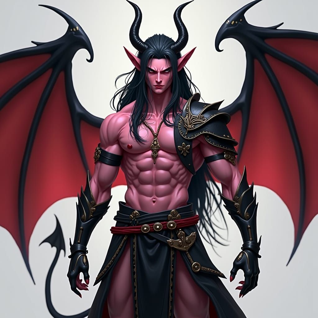 Heroic Tiefling Warrior with Devil Wings, Anime Style