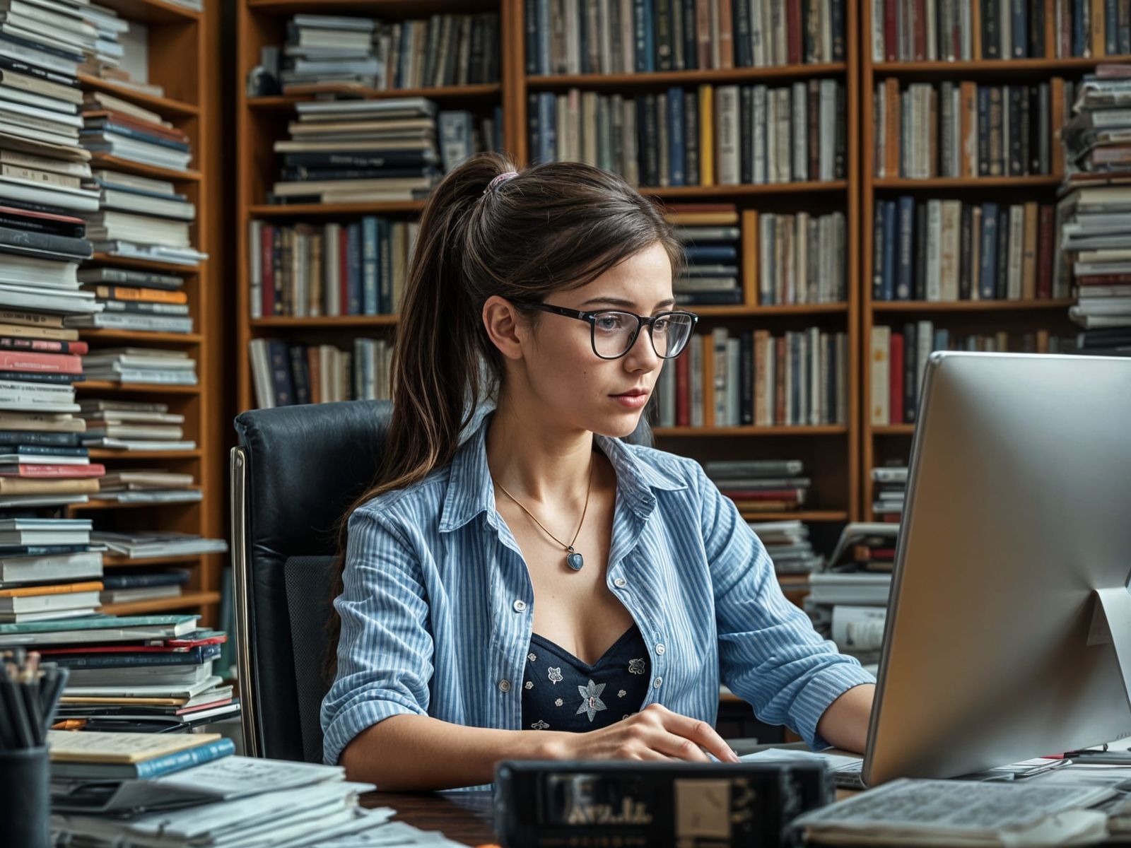 Journalism Researcher Working at Her Desk