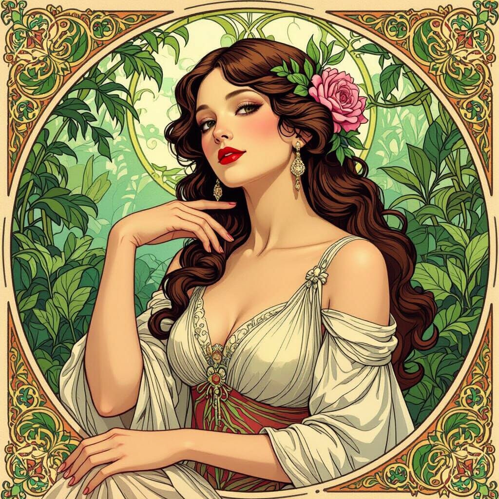 Elegant Woman Surrounded by Lush Greenery in Art Nouveau Sty...