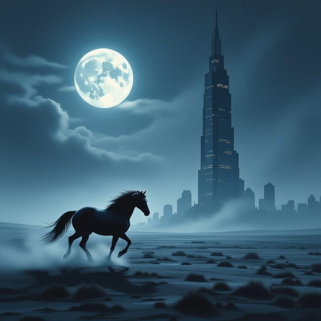 Spectral Horse Gallops Past Twilight Skyscraper