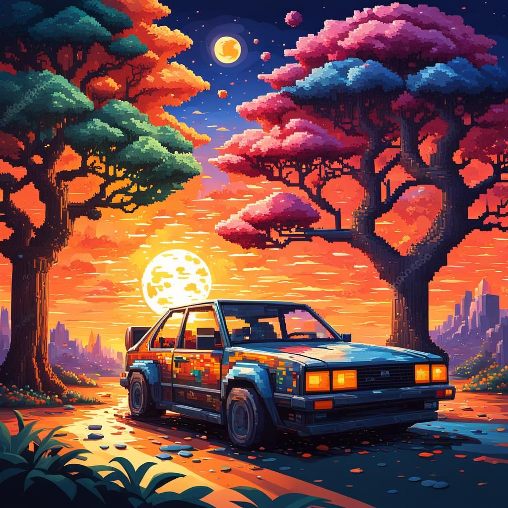 Pixelated Sunset Video Game Scene in Splash Art