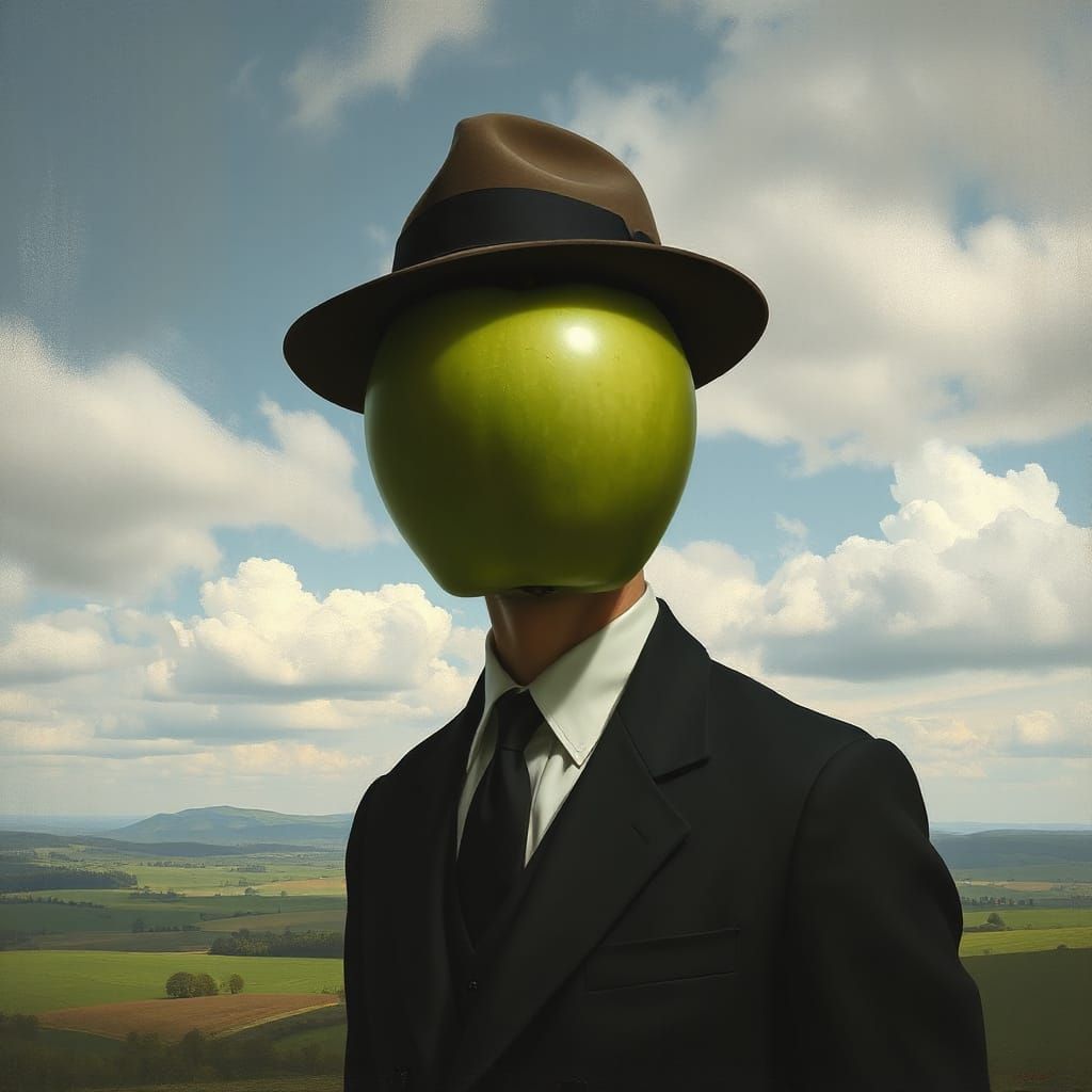 Surreal Man with Apple in Landscape as Realistic Painting
