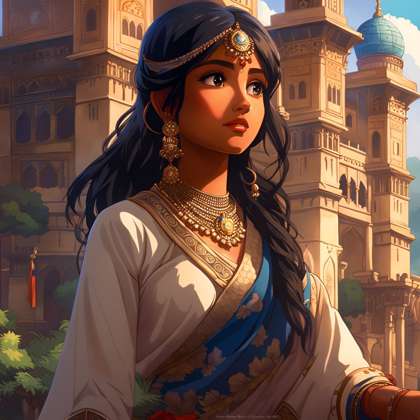 Anime Indian Girl in Castle: Manga Style